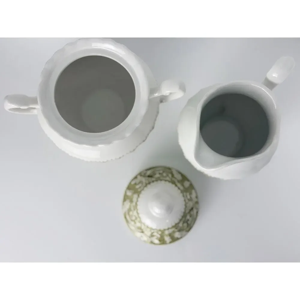 J & G Meakin 'Lucerne' White Ceramic Sugar & Cream Set w Olive Green/Leaf Border